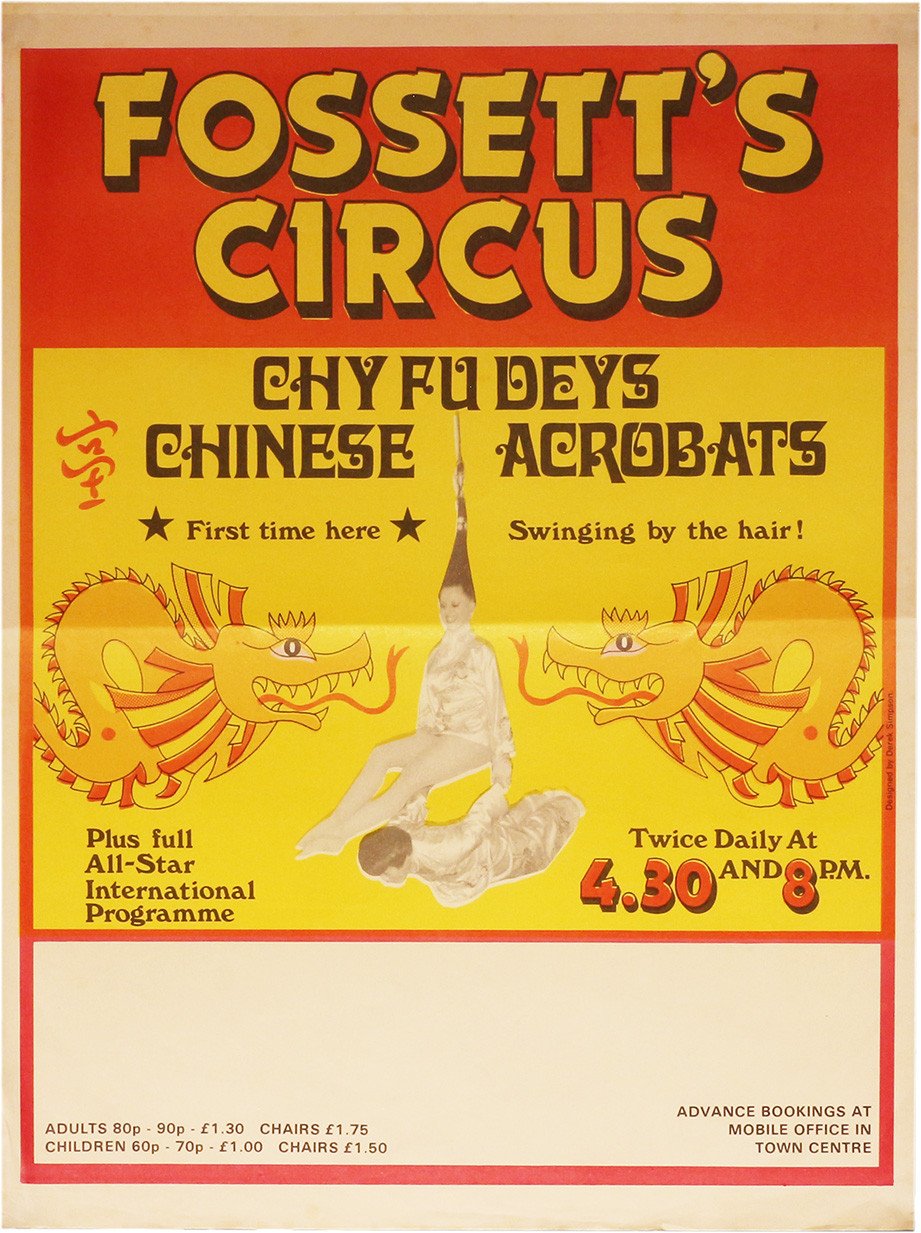 Vintage Fossett's Circus poster featuring Chy Fu Deys Chinese Acrobats swinging by the hair, twice daily shows.