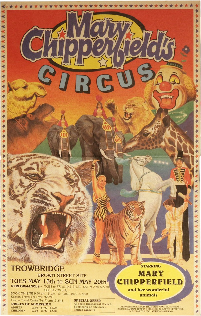 Colorful poster for Mary Chipperfield's Circus featuring animals, performers, and clown, with show dates, prices, and a special offer.