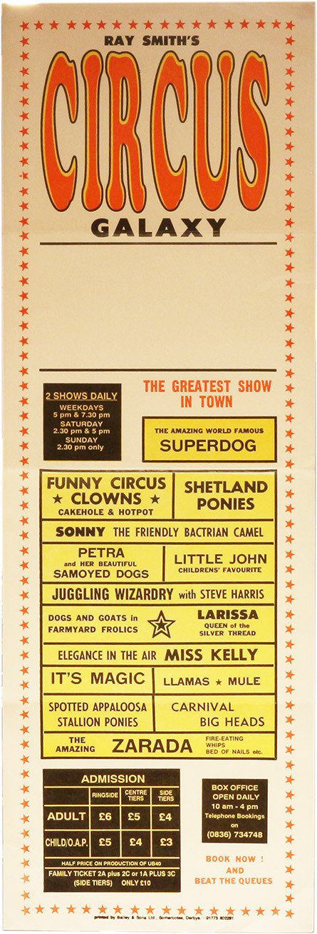 Poster for Ray Smith's Circus Galaxy featuring acts like Superdog, clowns, animals, and magic with showtimes and ticket prices.