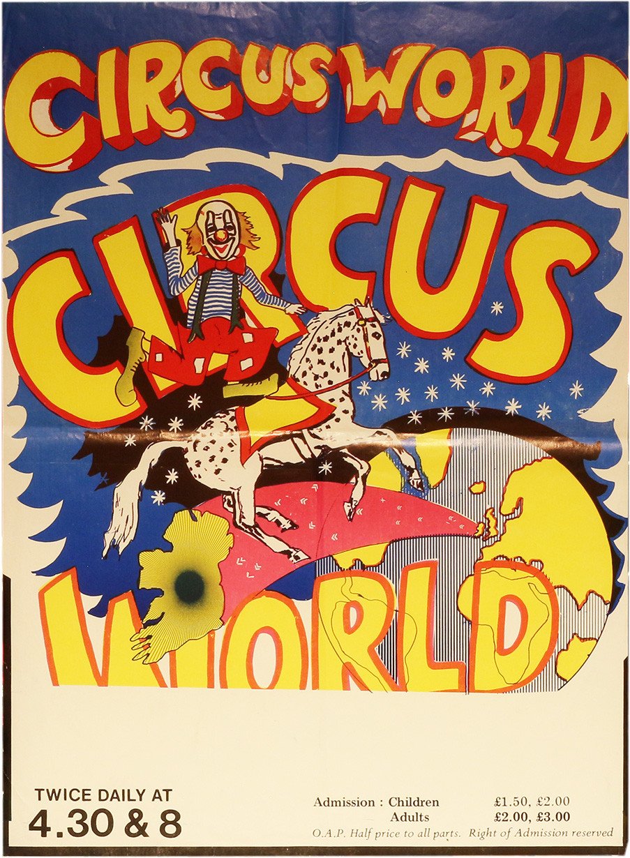 Vintage Circus World poster with clown on horse, globe design, showtimes at 4:30 and 8, and admission prices.