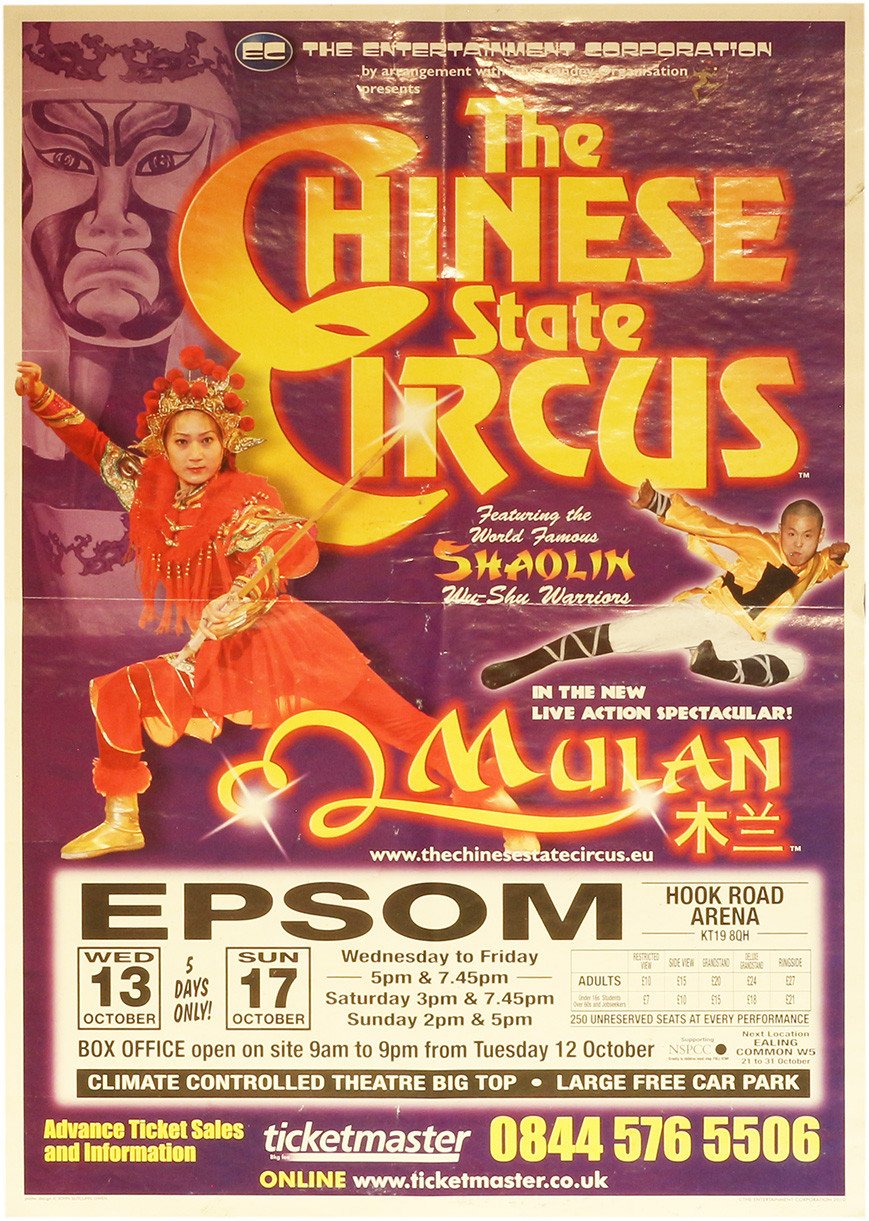 Colorful poster for The Chinese State Circus live action show "Mulan" at Epsom Hook Road Arena in October with ticket info.