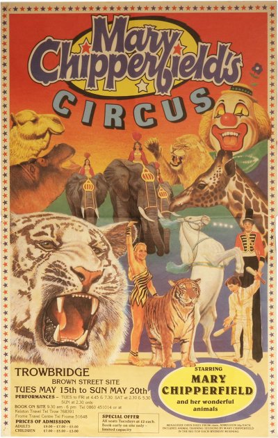 Colorful poster for Mary Chipperfield's Circus featuring animals, performers, and clown, with show dates, prices, and a special offer.