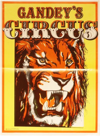 Vintage poster announcing Gandey's Circus with a fierce roaring lion illustration.