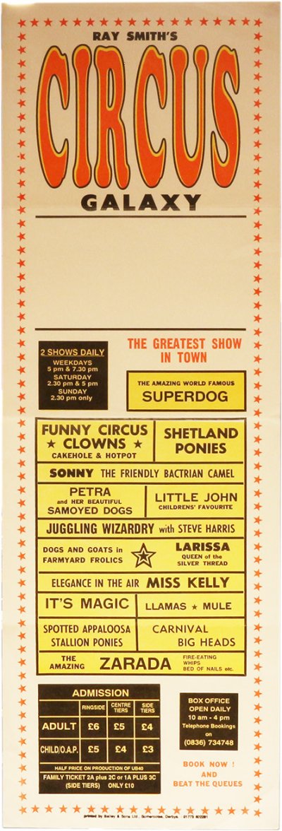 Poster for Ray Smith's Circus Galaxy featuring acts like Superdog, clowns, animals, and magic with showtimes and ticket prices.