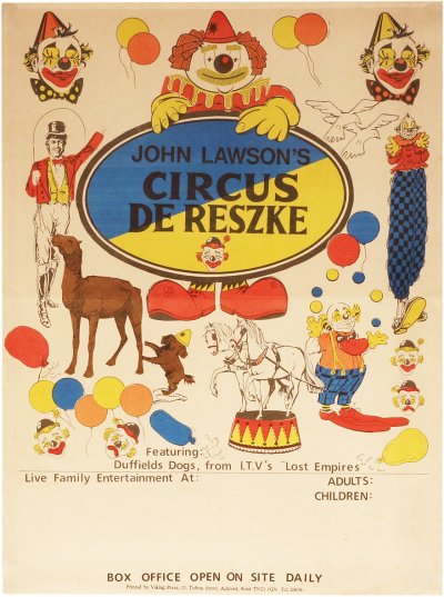Colorful vintage circus poster for John Lawson's Circus De Reszke with clowns, animals, balloons, and show details space.