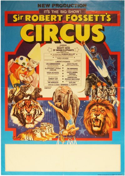 Vintage circus poster for Sir Robert Fossett's Circus featuring elephants, big cats, acrobats, and motorcycle stunts.