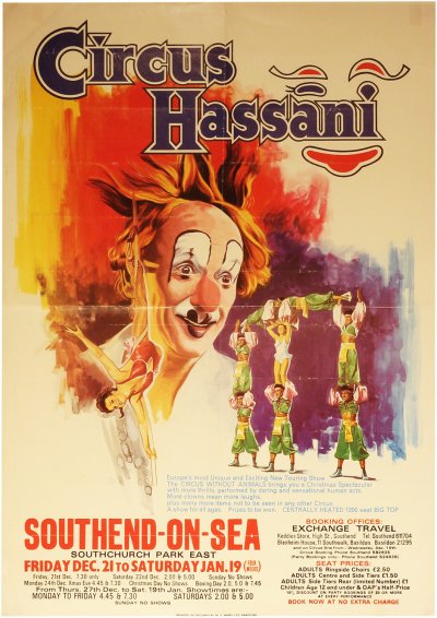 Circus Hassani poster with a clown face, aerial artist, acrobatic human pyramid, Southend-on-Sea dates and ticket details.