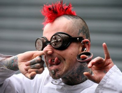 Helmut Kirchmeir demonstrating his many facial modifications