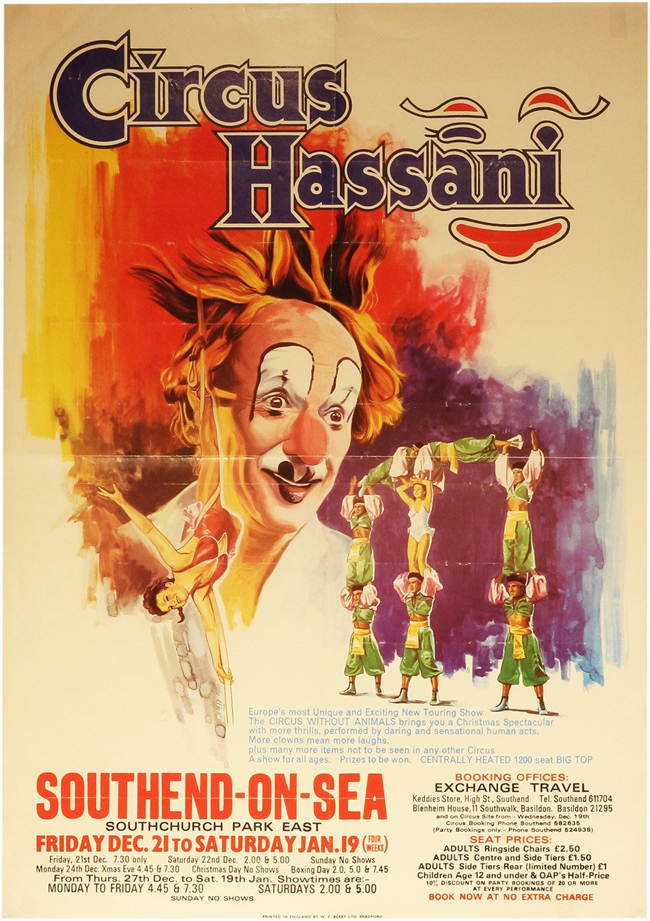 Circus Hassani poster with a clown face, aerial artist, acrobatic human pyramid, Southend-on-Sea dates and ticket details.